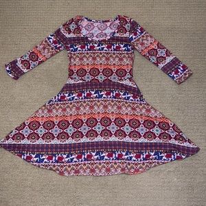 Pink white blue abstract 3/4 sleeve skater dress